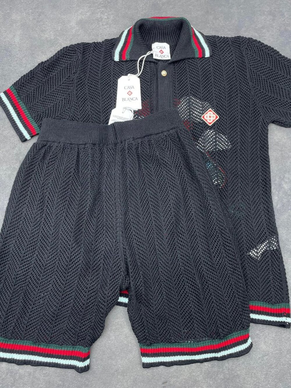 Casablanca Men's Black Montagne Knit Shirt & Shorts Set- Size XXL